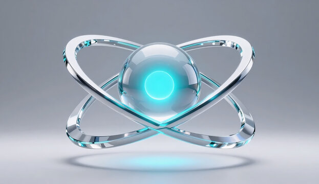 Quantum orbit node: tilted optical glass ring enclosing floating sphere with glowing cyan nucleus