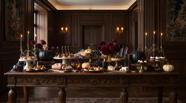 Luxury Gothic Halloween buffet table with gourmet catering, pastries, appetizers, dark flowers, black pumpkins, candles, and spider webs in dark wood paneled classic mansion dining room