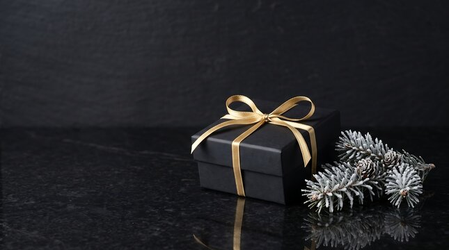 Elegant Gift Box With Gold Ribbon And Pine Branches