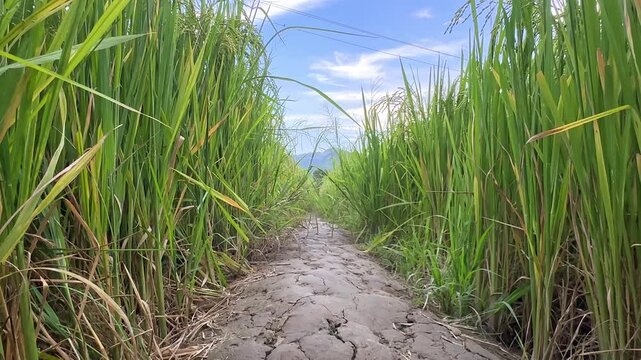 Lush green rice paddies with cracked earth pathway leading through tall grass under a bright blue sky in a rural agricultural landscape. High-quality footage. Rice cultivation in Vietnam, Asia