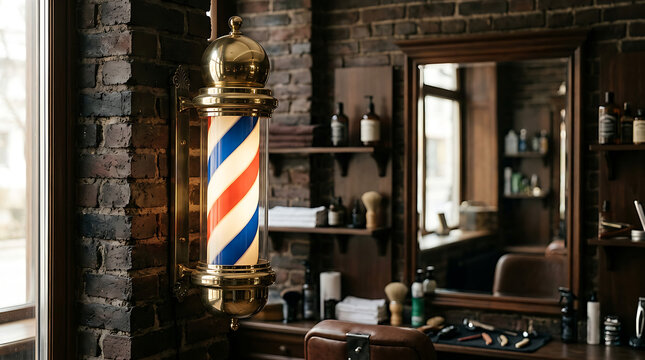 Vintage barber shop interior with classic pole and mirror.