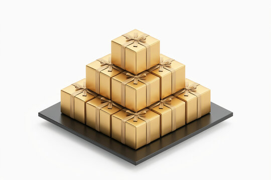Golden gift boxes stacked in pyramid on black platform. Luxury gold presents with ribbons. Elegant holiday gift set for Christmas or anniversary.