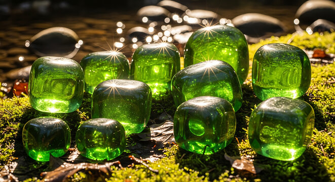 Green glass bottles with herbs in sunlight