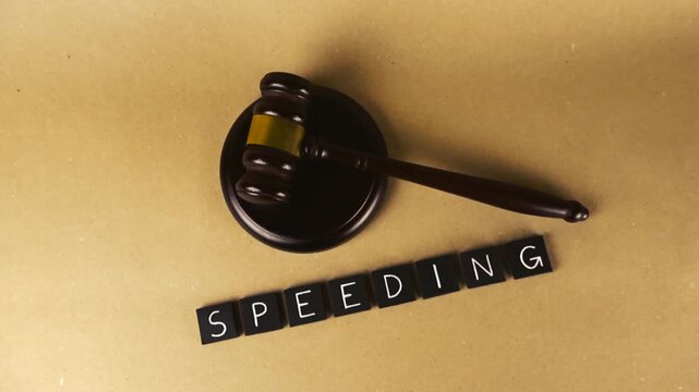 Legal concept about traffic violations and speeding tickets, with a judge's gavel and the word speeding spelled out on a neutral background, representing judgment, fines, and legal consequences