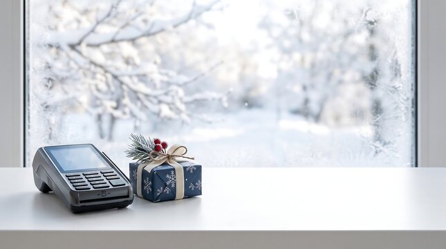 Point of Sale Device Near Gift Box Winter Scene
