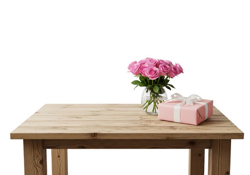 Pink roses in a vase on table.