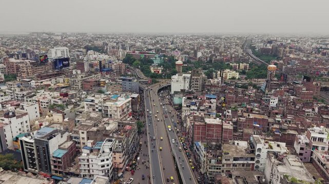 Aerial view of Patna, Bihar, India, showcasing the dense urban landscape, residential buildings, modern infrastructure, and busy roads of the city.