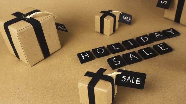 Special holiday sale concept with several brown paper gift boxes wrapped in black ribbons on a matching cardboard background, an ideal composition for seasonal shopping advertisements