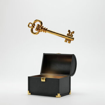 Vintage golden key floating above open treasure chest. Antique gold key and black trunk with glowing light. Concept of success and discovery.