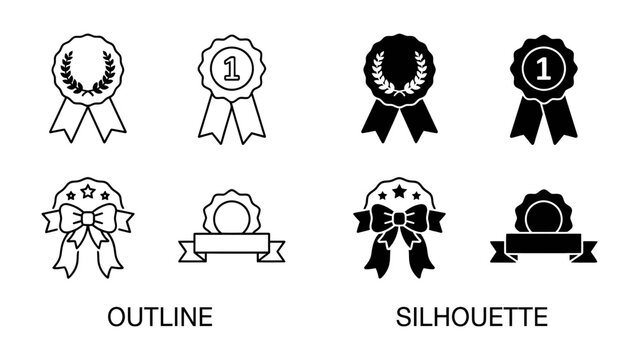 Award Ribbon Icons: A collection of award ribbons in both outline and silhouette styles, featuring laurels, number one designations, and bows, perfect for representing achievement and recognition.