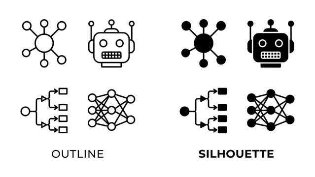AI and Machine Learning Icons: A set of graphic icons representing artificial intelligence and machine learning concepts, including neural networks, algorithms.
