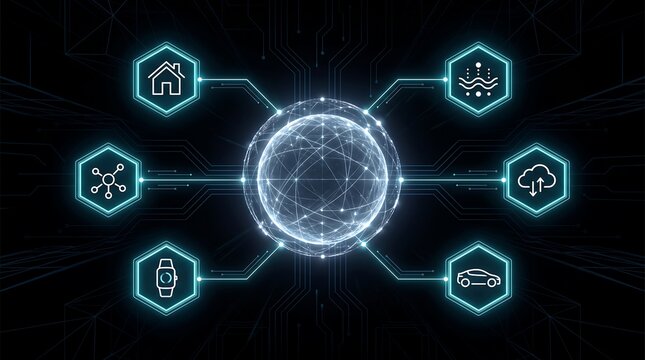 Digital centralized network hub connecting diverse smart devices through glowing futuristic glowing data interface system