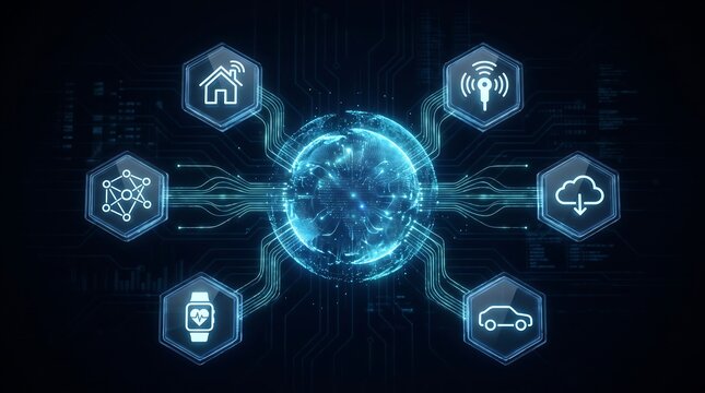 Global digital network connecting various smart technology devices through centralized data hub system interface visualization