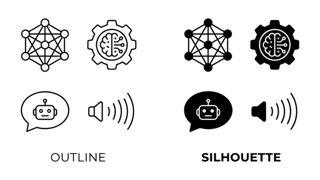 Artificial Intelligence Icons: A set of stylized icons representing artificial intelligence, including a neural network, a gear with a brain, a chatbot, and sound waves.