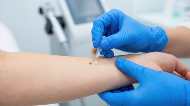 Dermatologist applying antiseptic solution to skin mole before laser removal procedure. Clinical dermatology treatment for mole, papilloma, or wart removal and skin health assessment.
