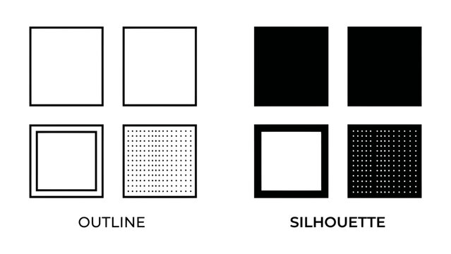 Outline and Silhouette Squares: A visual comparison showcasing four squares, two labeled OUTLINE demonstrating variations of outlines and patterns.