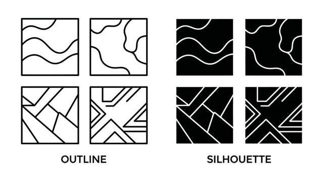 Abstract Geometric Design: Four squares present abstract geometric patterns, divided into outline and silhouette versions, showcasing contrasting line art and solid forms.