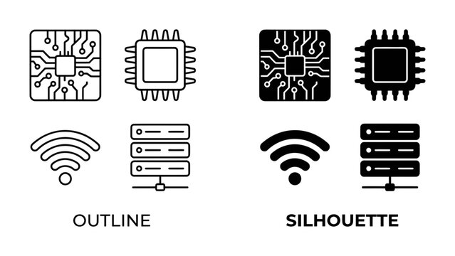 Technology Icons: A collection of stylized icons representing modern technology, including microchips, servers, and wireless signals.