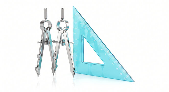 Professional drafting tools with metal compass and blue set square. Geometry drawing instruments on white background. Technical design equipment.