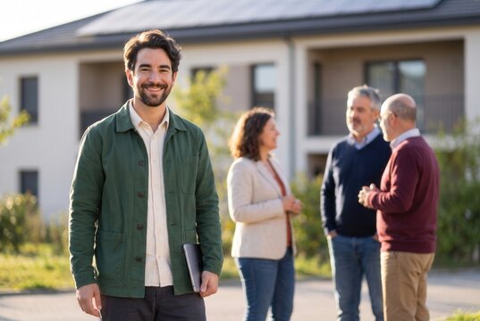 Young man standing in front of modern houses with solar panels while people chat in the background