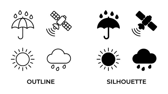 Weather Icons Comparison: A side-by-side comparison of weather icons, showcasing both outline and silhouette versions of an umbrella with rain, a satellite, the sun, and a cloud with rain.