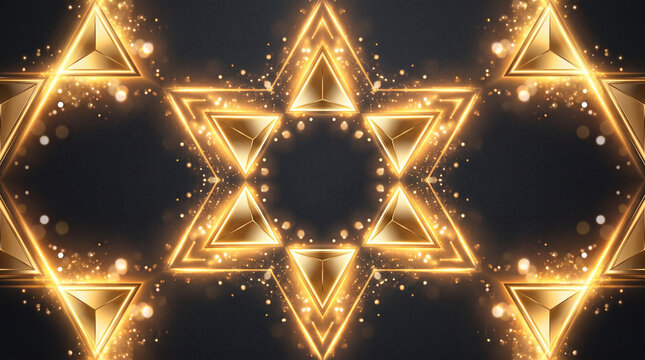 Abstract Golden Geometric Pattern with Glowing Triangles and Luxury Light Particles on Black