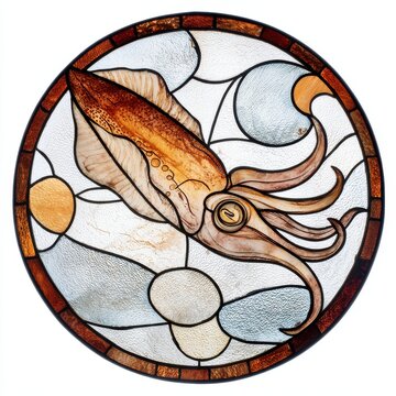 Circular Stained Glass Panel With A Squid Design In Warm Earthy Tones And Translucent Textures