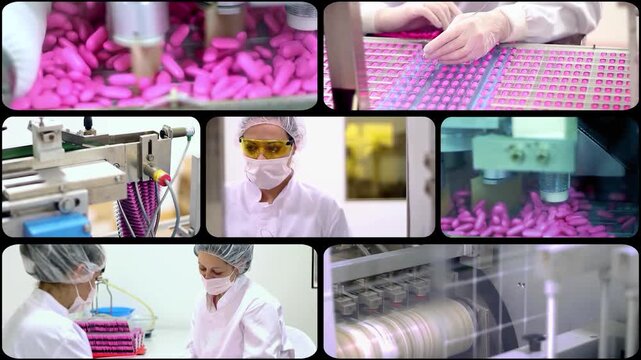 High-Tech Pharmaceutical Production Line Multiscreen Pill Manufacturing. Dynamic 7-window video showing automated medicine manufacturing, capsule production lines, and quality control workers in masks