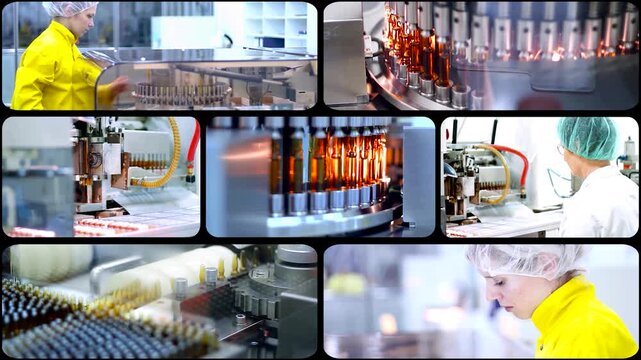High-Tech Liquid Medicine Ampoule Production Line Split Screen Pharmaceutical Manufacturing. Multi-window concept highlighting medical factory automation and female workers monitoring processes.
