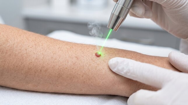 Medical professional performing laser removal of a skin lesion on a patients arm. Dermatology treatment using focused laser technology for mole, papilloma, or wart removal.