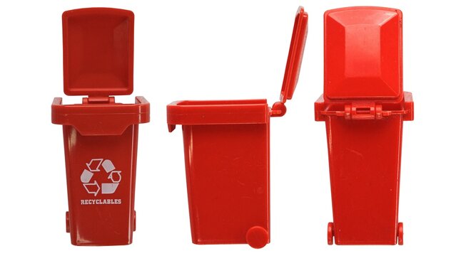 Miniature trash can front, side and back view isolated on white background. cleaning concept. A picture of a large red rubbish bin with wheels 