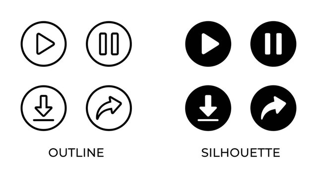 Media Player Icons: A collection of universally recognized media player icons, presented in both outline and silhouette styles, symbolizing playback, pause, download.