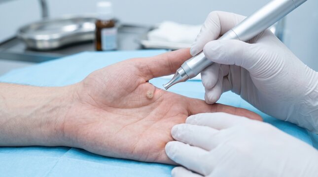 Dermatologist using a laser device to remove a wart from a patients palm. Modern skin treatment procedure in a clinical setting. Dermatology, healthcare and cosmetic medicine concept.