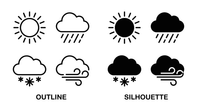 Weather Icons: A set of minimalist icons depicting various weather conditions, including sun, rain, snow, and wind, presented in both outline and silhouette styles.