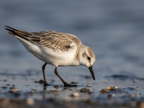 Small sandpiper bird foraging for food on wet sandy beach shoreline at low tide