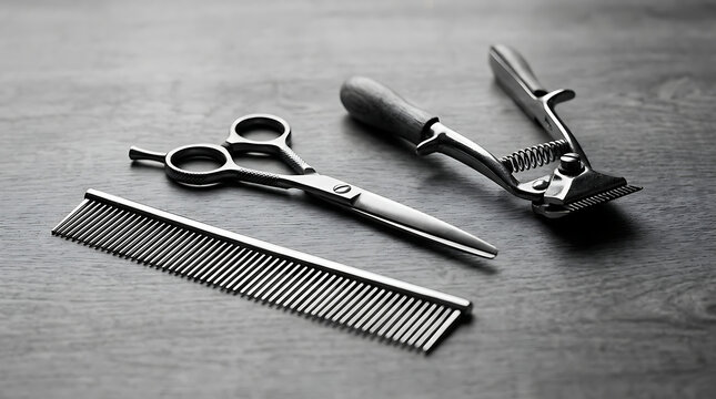 Vintage barber tools on a wooden surface.
