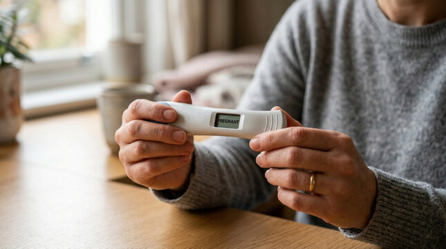 Woman holding positive pregnancy test results with "Pregnant" displayed on screen.