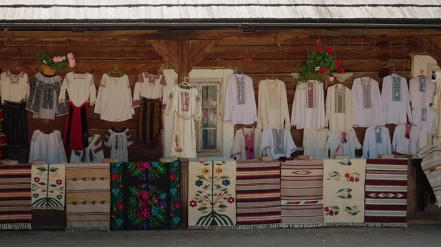 The stall displays traditional Romanian clothes in Bucovina. Visitors can see various outfits, colorful patterns, and local cultural items for sale.