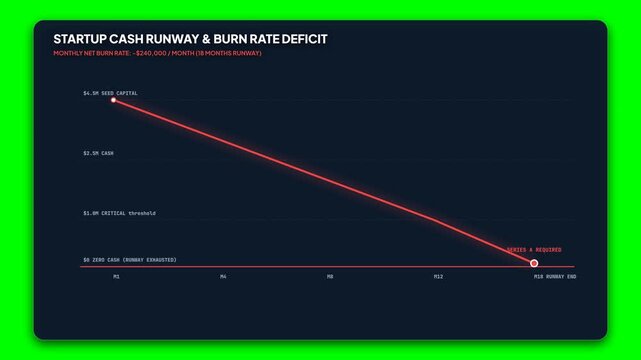 Startup cash runway and burn rate deficit chart. Financial data visualization on green screen. Business analytics dashboard showing budget loss.