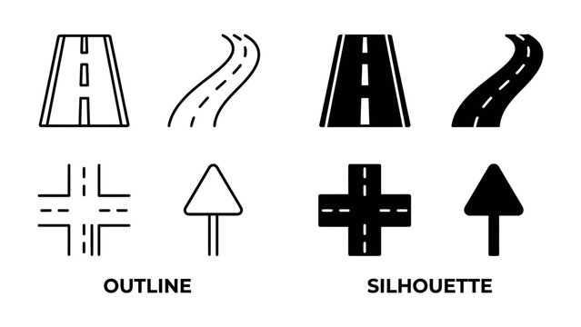 Road and Intersection Icons: A collection of outline and silhouette icons representing different road types, junctions, and traffic signs, ideal for navigation and transport themes.