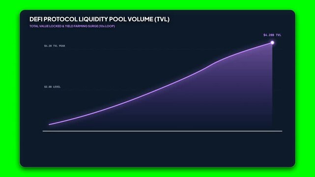 DeFi protocol liquidity pool volume TVL chart, rising financial growth graph on green screen, crypto market data visualization