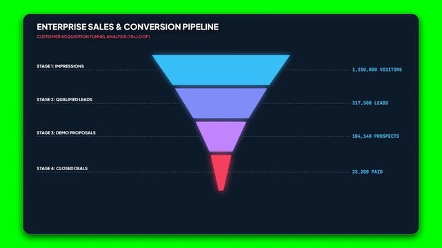 Enterprise sales and conversion pipeline infographic, business marketing funnel chart on green screen, corporate data visualization