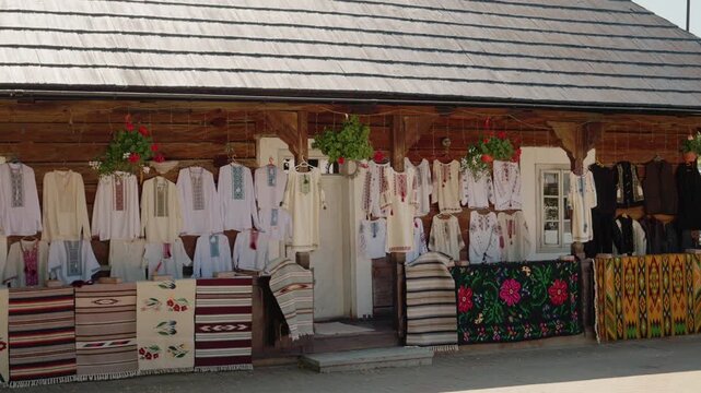 Traditional clothes hang at a stall in Bucovina. Visitors can see various designs and patterns that represent the rich culture. Local artisans showcase their craftsmanship.