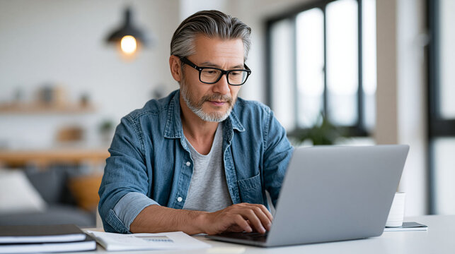 Professional Asian man working on a laptop at a bright modern home office, checking online banking and digital payments, confident expression, clean white background, natural daylight, realistic
