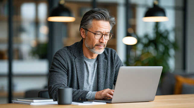 Professional Asian man working on a laptop at a bright modern home office, checking online banking and digital payments, confident expression, clean white background, natural daylight, realistic