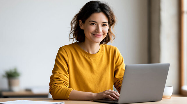 Young Asian woman using a laptop to manage online income from home, modern minimalist desk, financial planning concept, cheerful confident expression, soft white background, natural light,