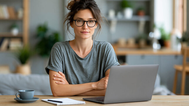 Confident Asian businesswoman working from home with laptop, online income, freelance career and digital entrepreneurship concept, bright minimalist interior, elegant professional lifestyle, ultra