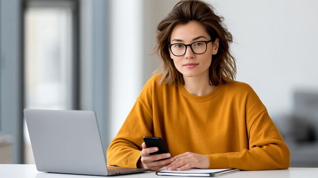 Young Asian woman using laptop and smartphone for online financial services, digital banking and money management concept, bright minimalist office, clean white background, natural daylight,