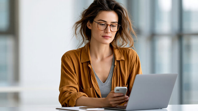 Young Asian woman using laptop and smartphone for online financial services, digital banking and money management concept, bright minimalist office, clean white background, natural daylight,