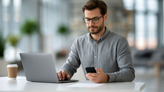 Young Asian man using laptop and smartphone for online banking and digital payment services, modern white workspace, financial technology concept, soft natural lighting, professional commercial